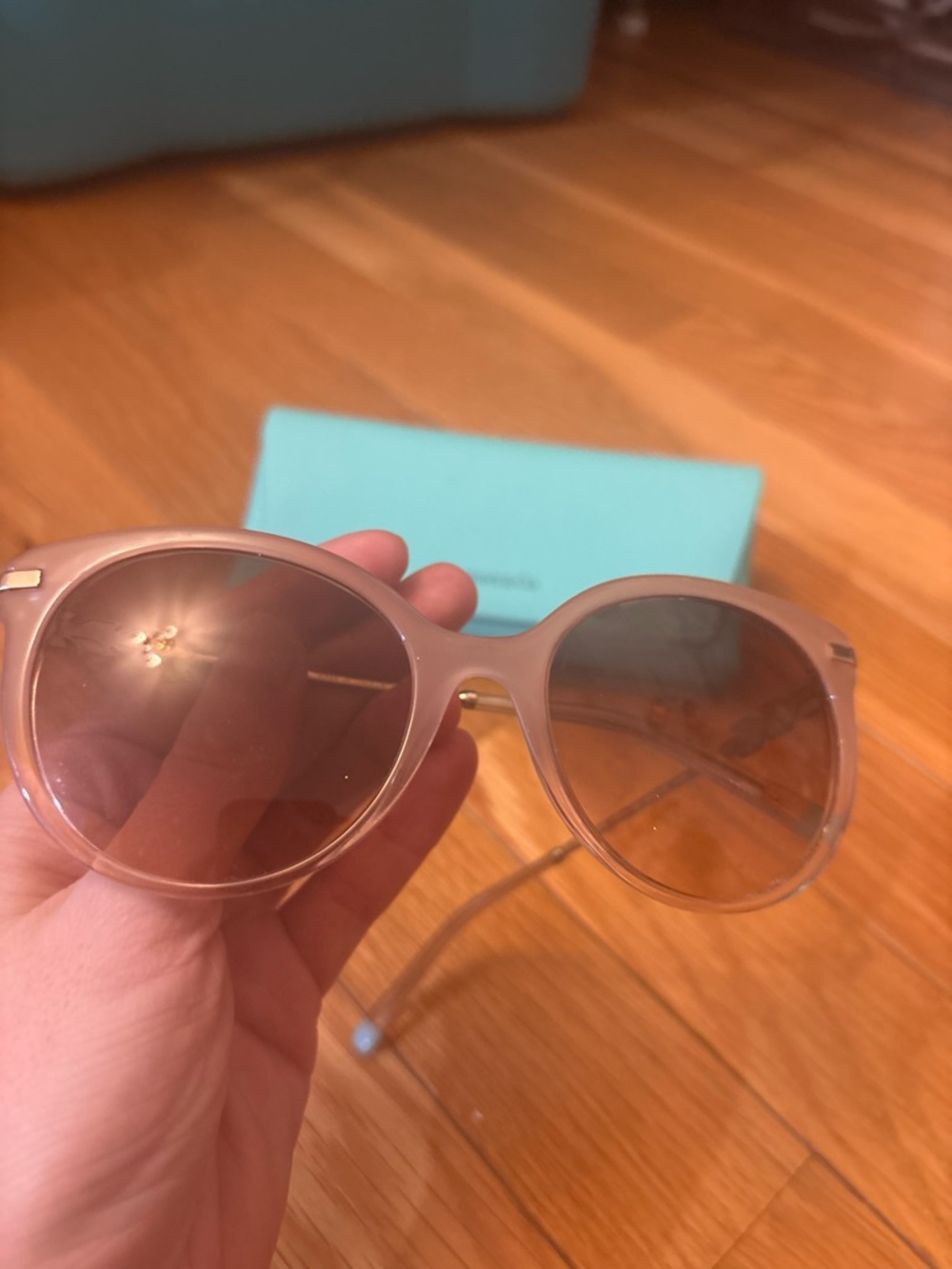 Tiffany & Co. Women's Round Sunglasses in Light Pink with Leaf Accent - Picture 2 of 4